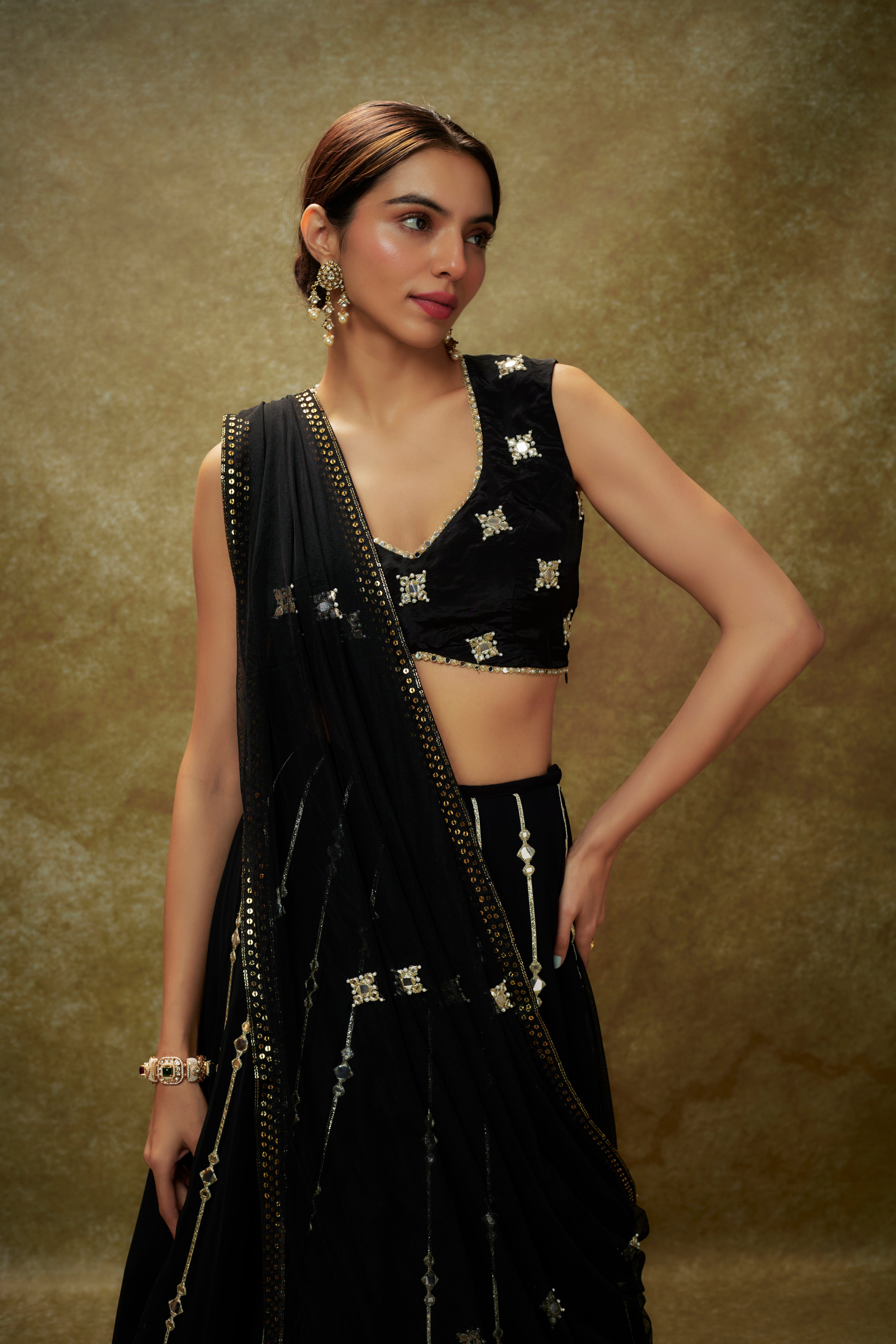 Black mirror work sequin  lehenga set