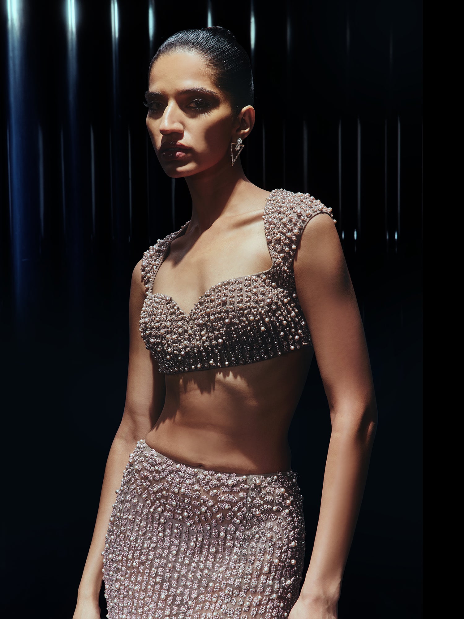 Elysian Spark Lehenga Paired with Statement Crystal Cape"