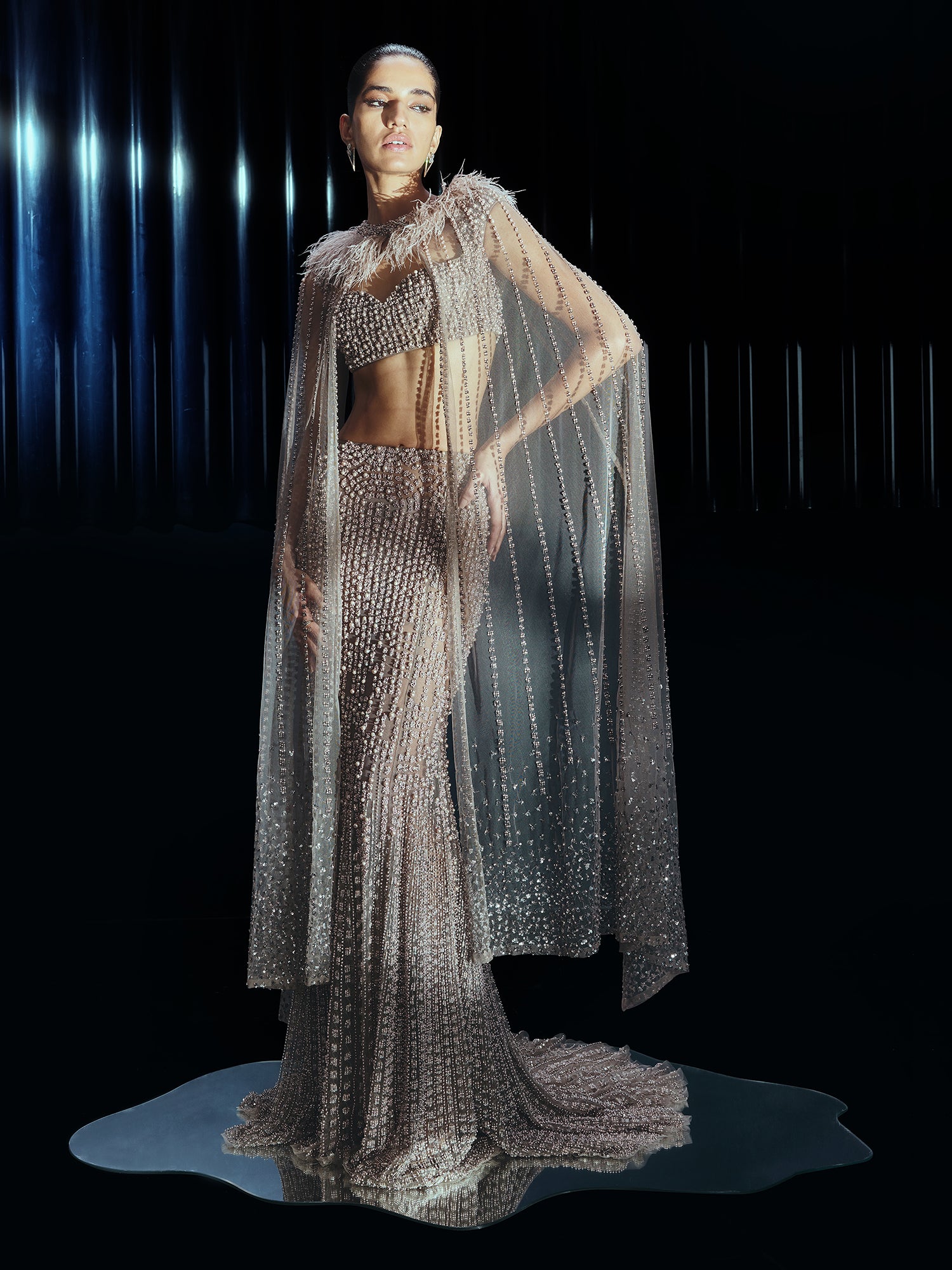 Elysian Spark Lehenga Paired with Statement Crystal Cape"
