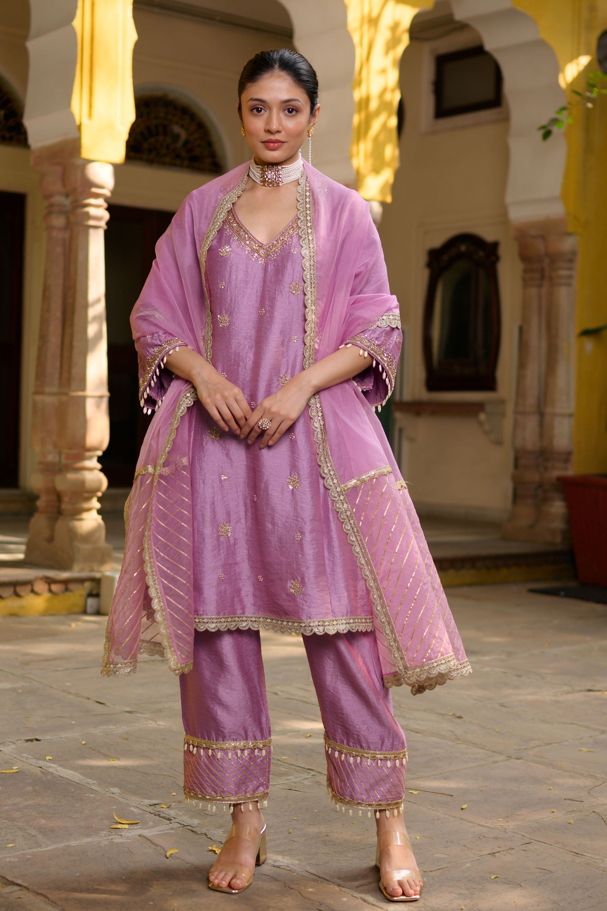 Mauve Silk Embroidered Kurta Set