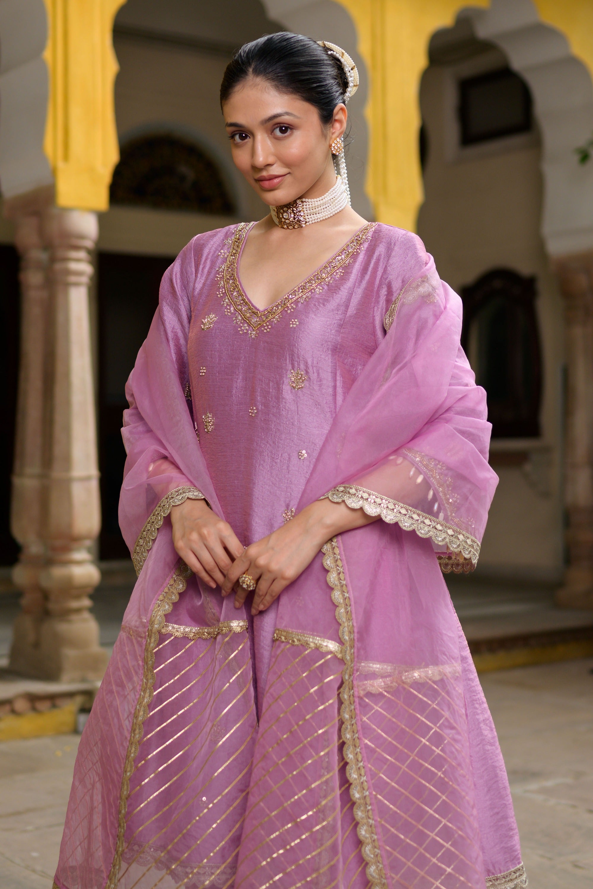 Mauve Silk Embroidered Kurta Set