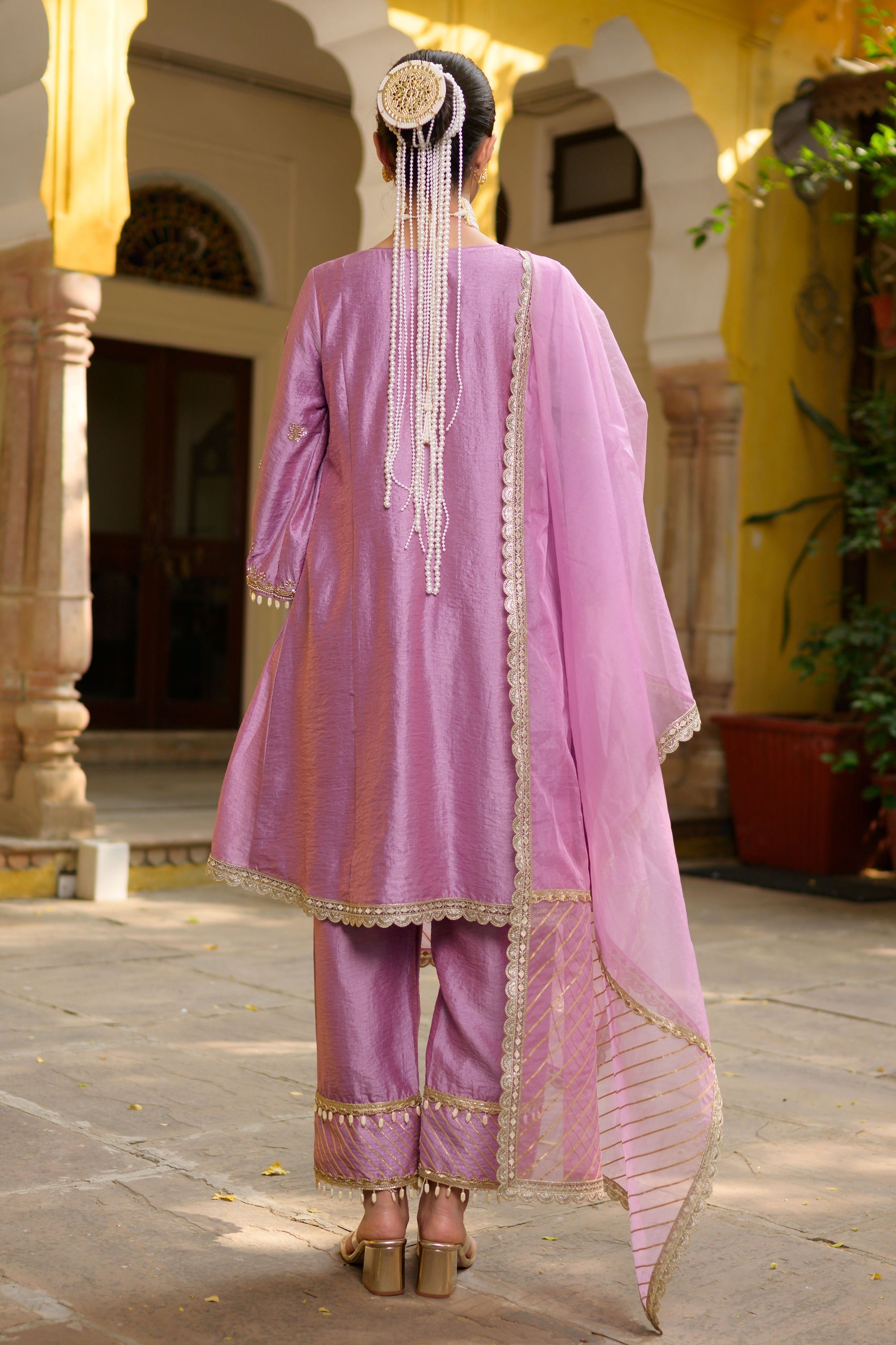 Mauve Silk Embroidered Kurta Set