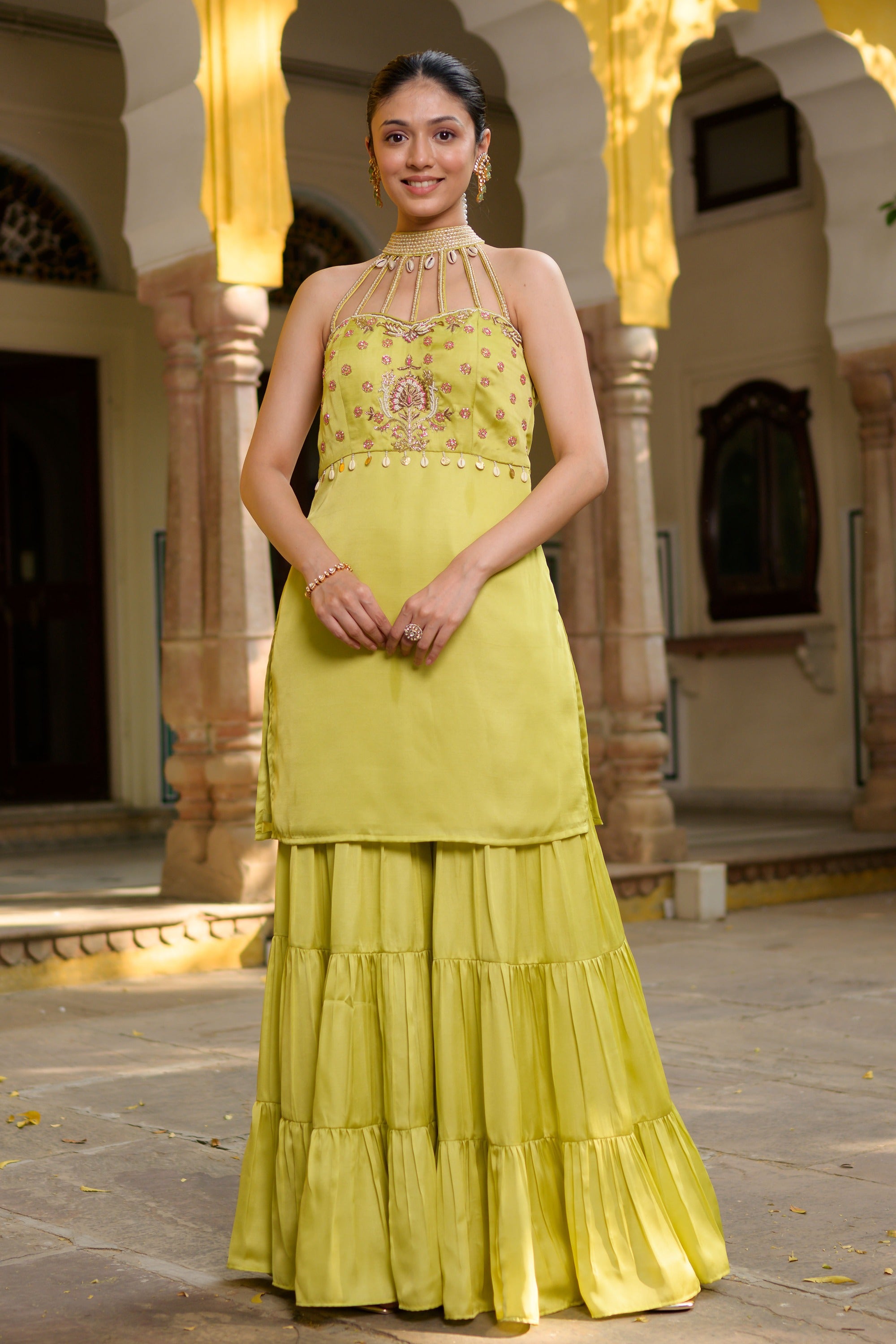 Neon Green Halter Neck Sharara Set