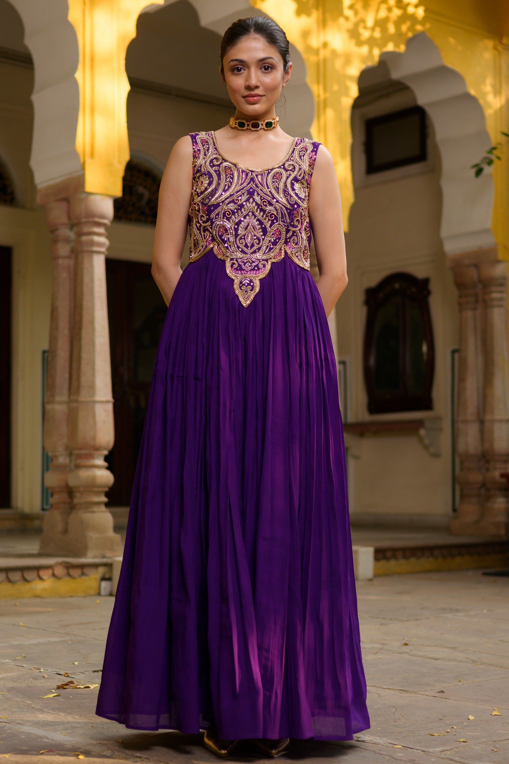 Purple High-Slit Tunic with Brocant Pant
