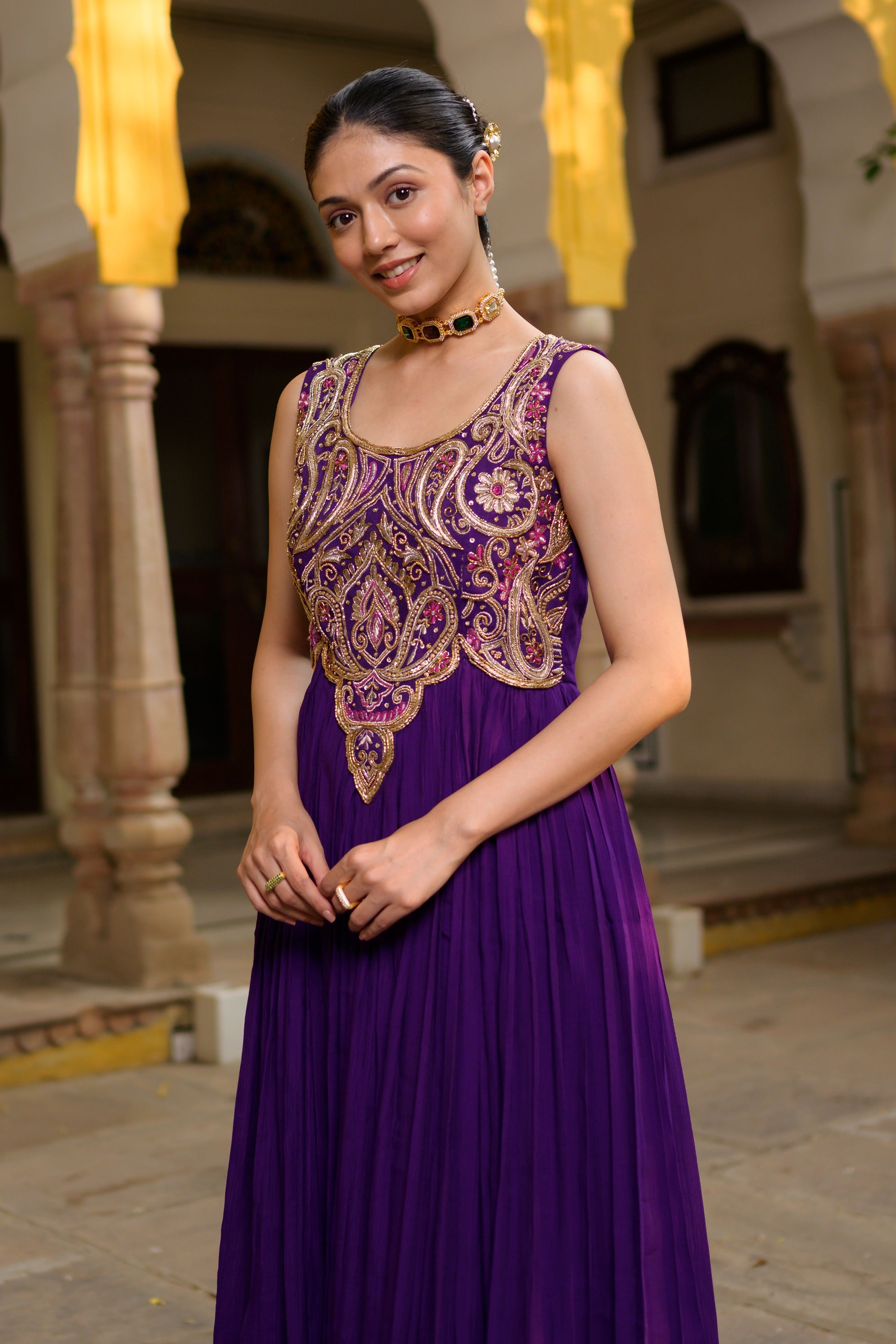 Purple High-Slit Tunic with Brocant Pant