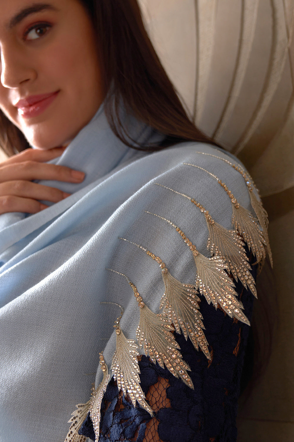 Leafy Sparkle Royal | Embroidered Fine Merino Wool Stole