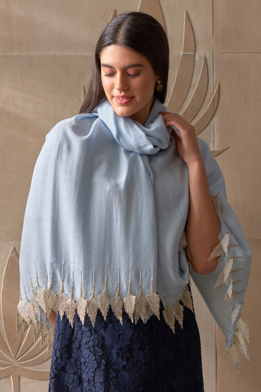 Leafy Sparkle Royal | Embroidered Fine Merino Wool Stole