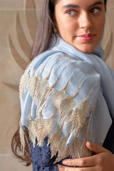 Leafy Sparkle Royal | Embroidered Fine Merino Wool Stole