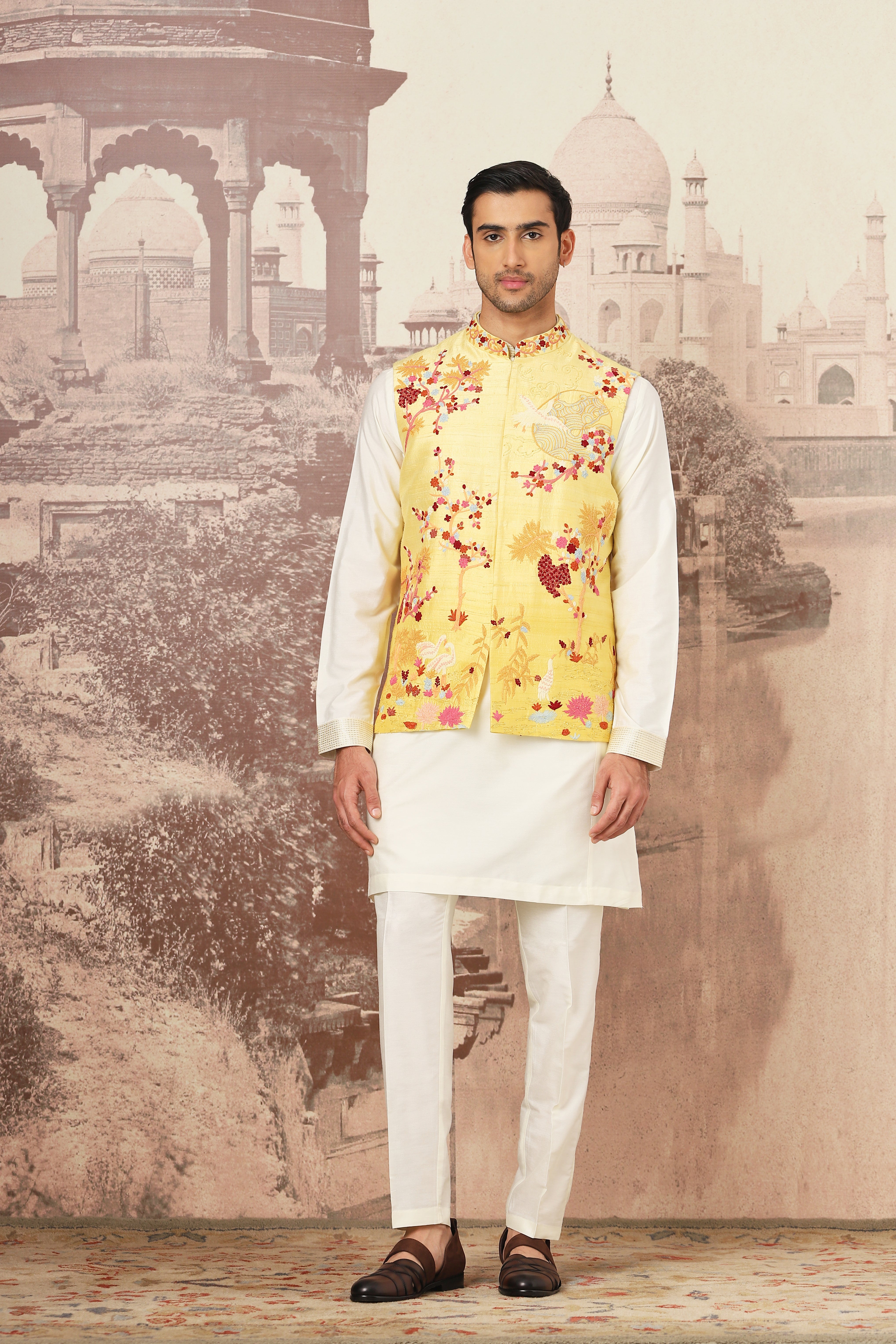 The Golden Canary Raw Silk Embroidered Kurta Bundi Set