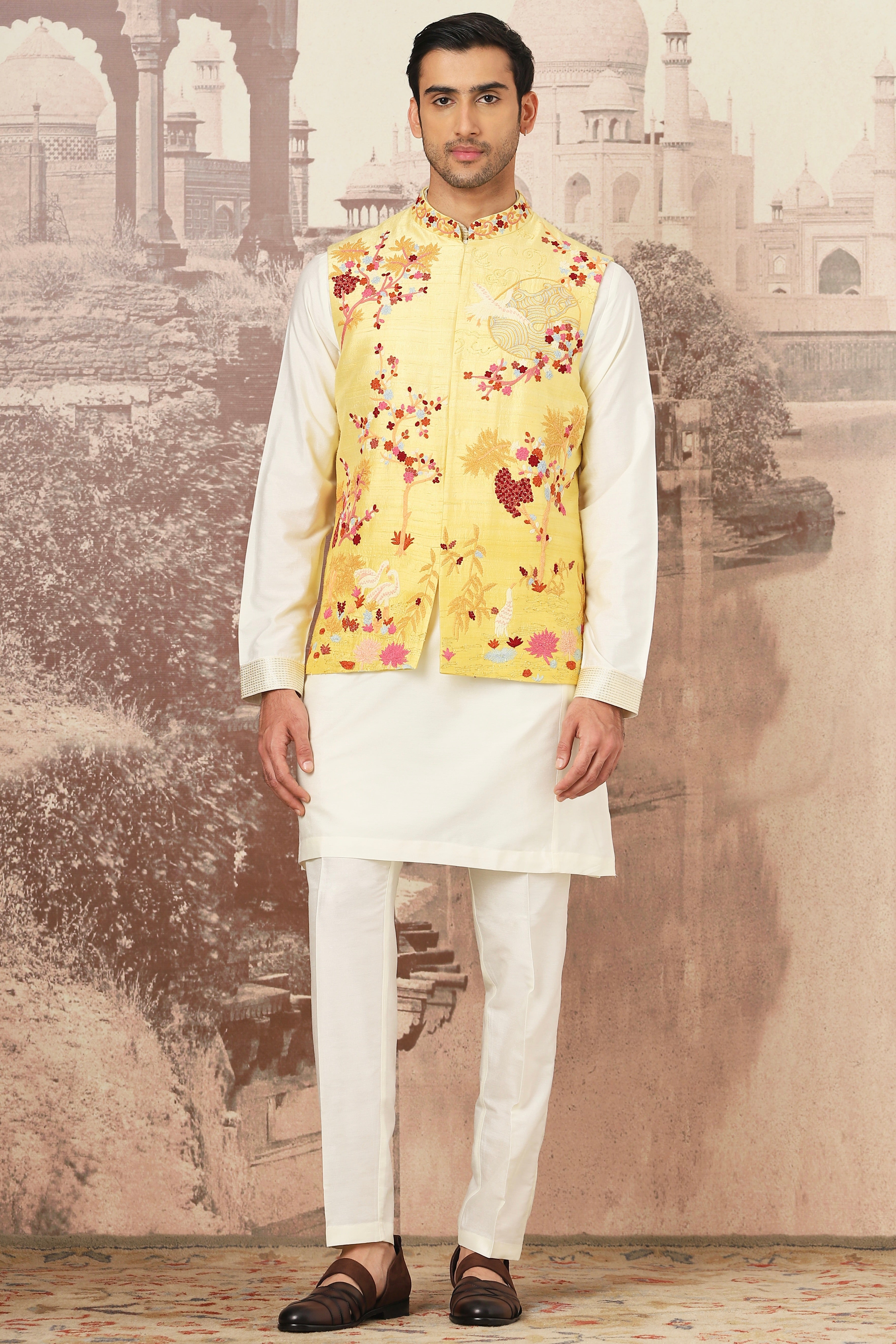 The Golden Canary Raw Silk Embroidered Kurta Bundi Set