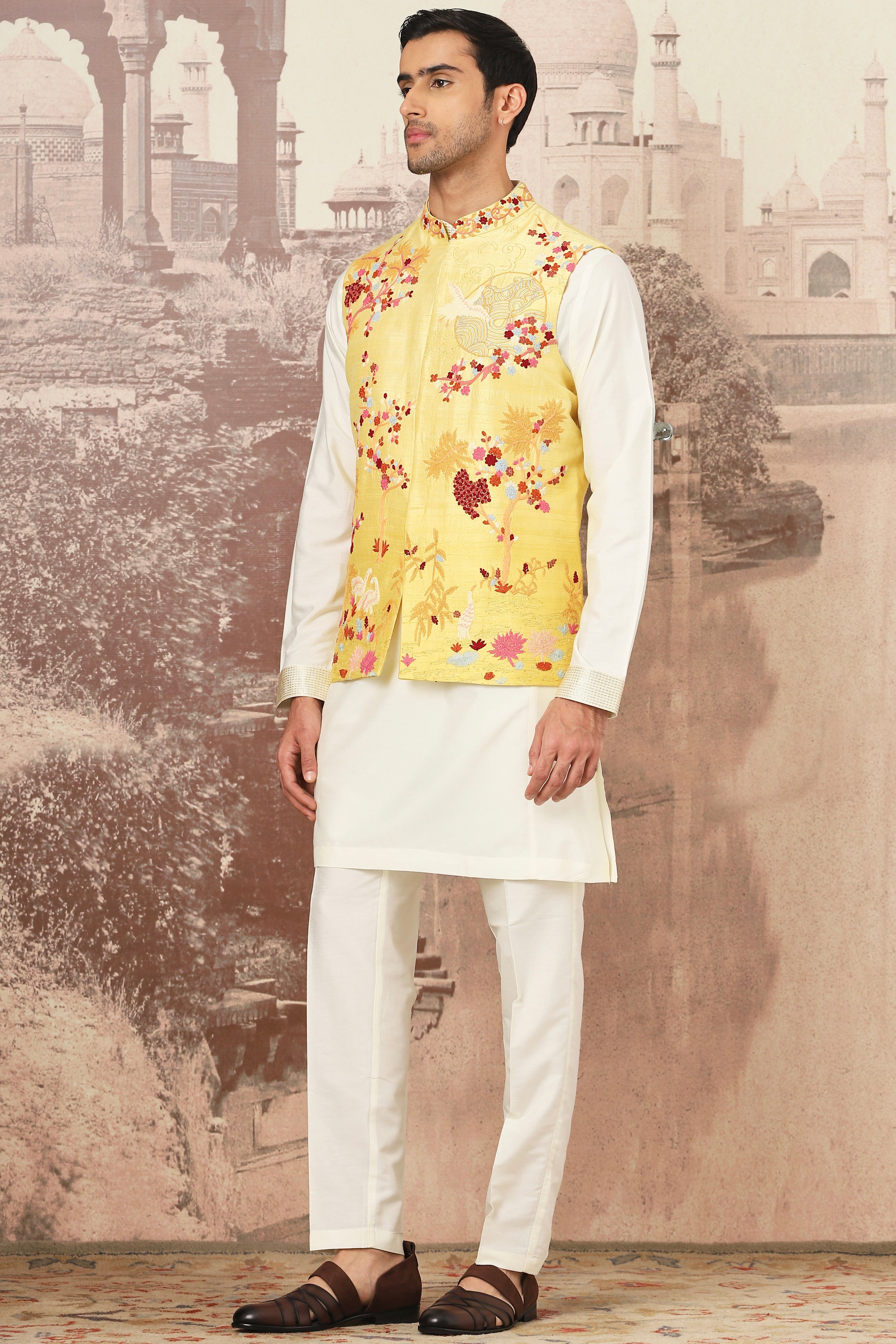 The Golden Canary Raw Silk Embroidered Kurta Bundi Set