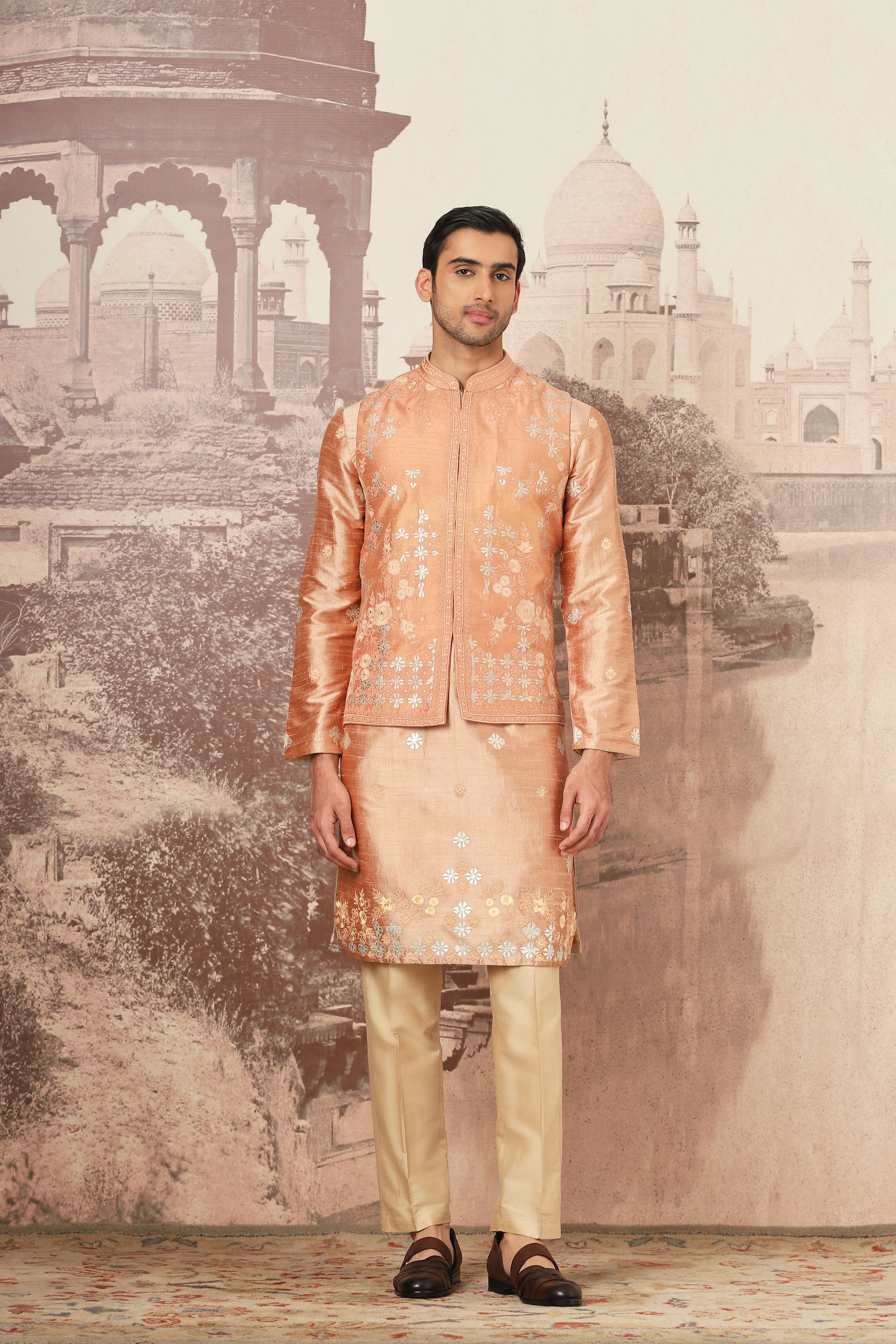 Tuscan Gold Embroidered Tussar Silk Bundi Set
