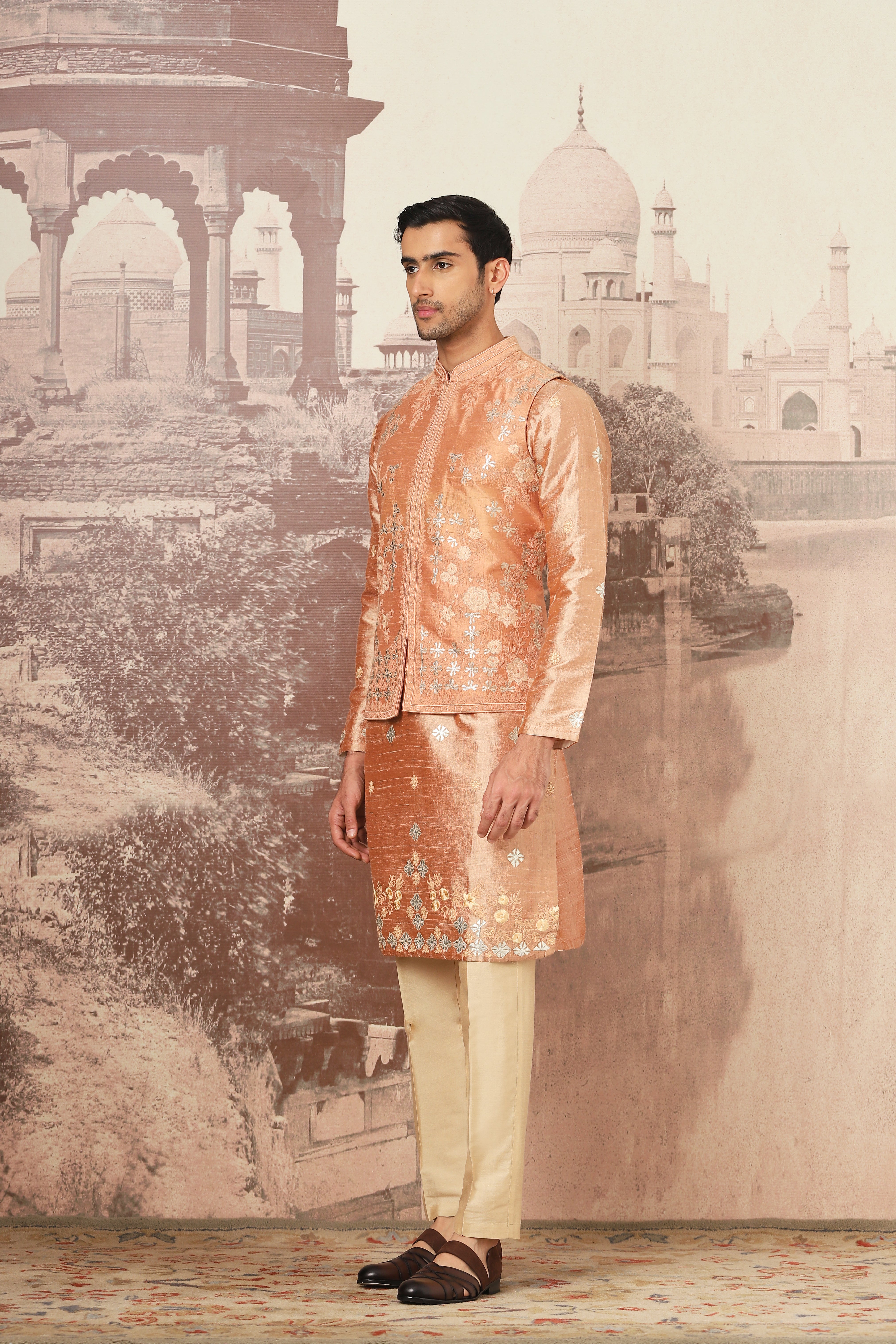 Tuscan Gold Embroidered Tussar Silk Bundi Set