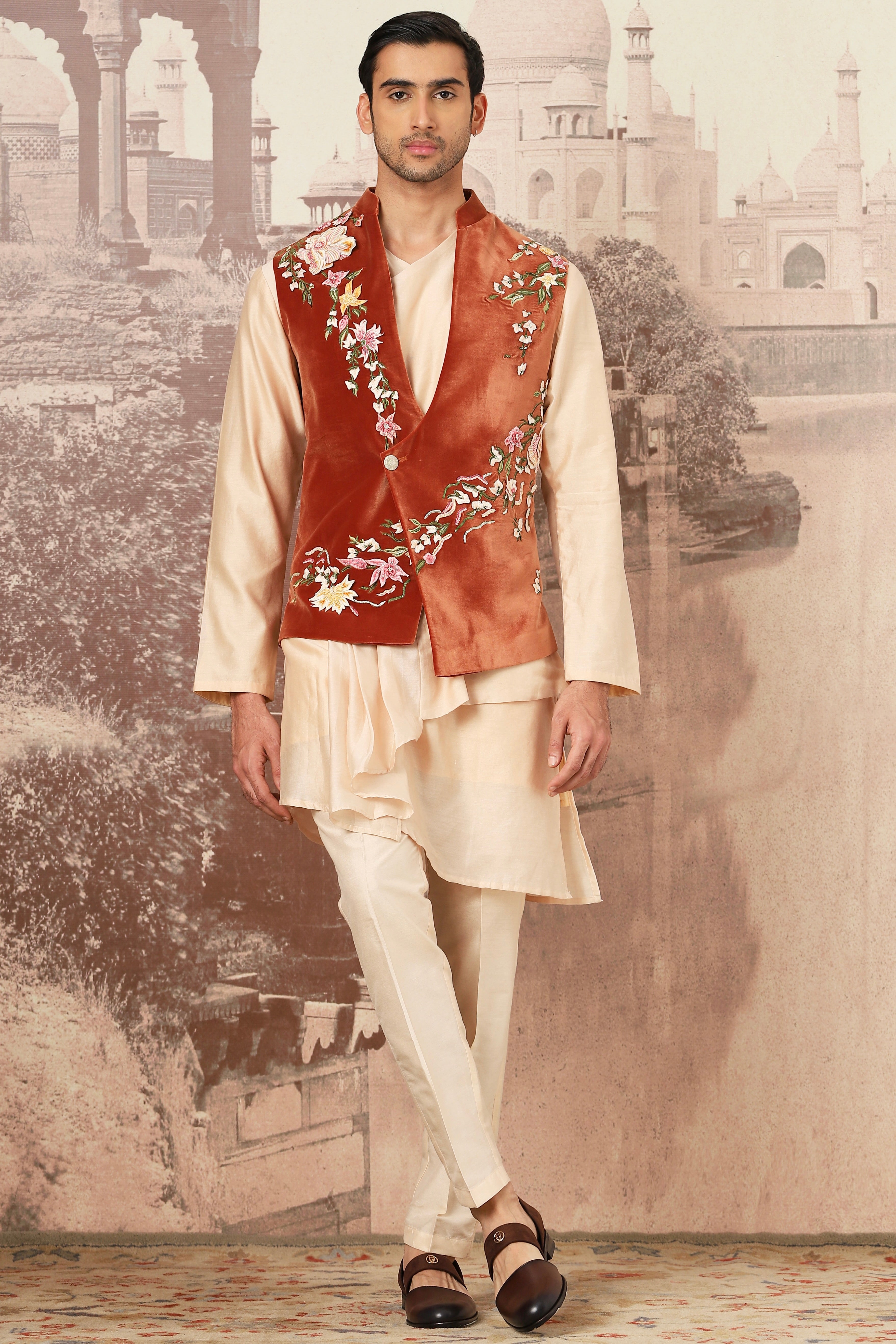 The Sienna Rust Velvet Embroidered Kurta Bundi Set