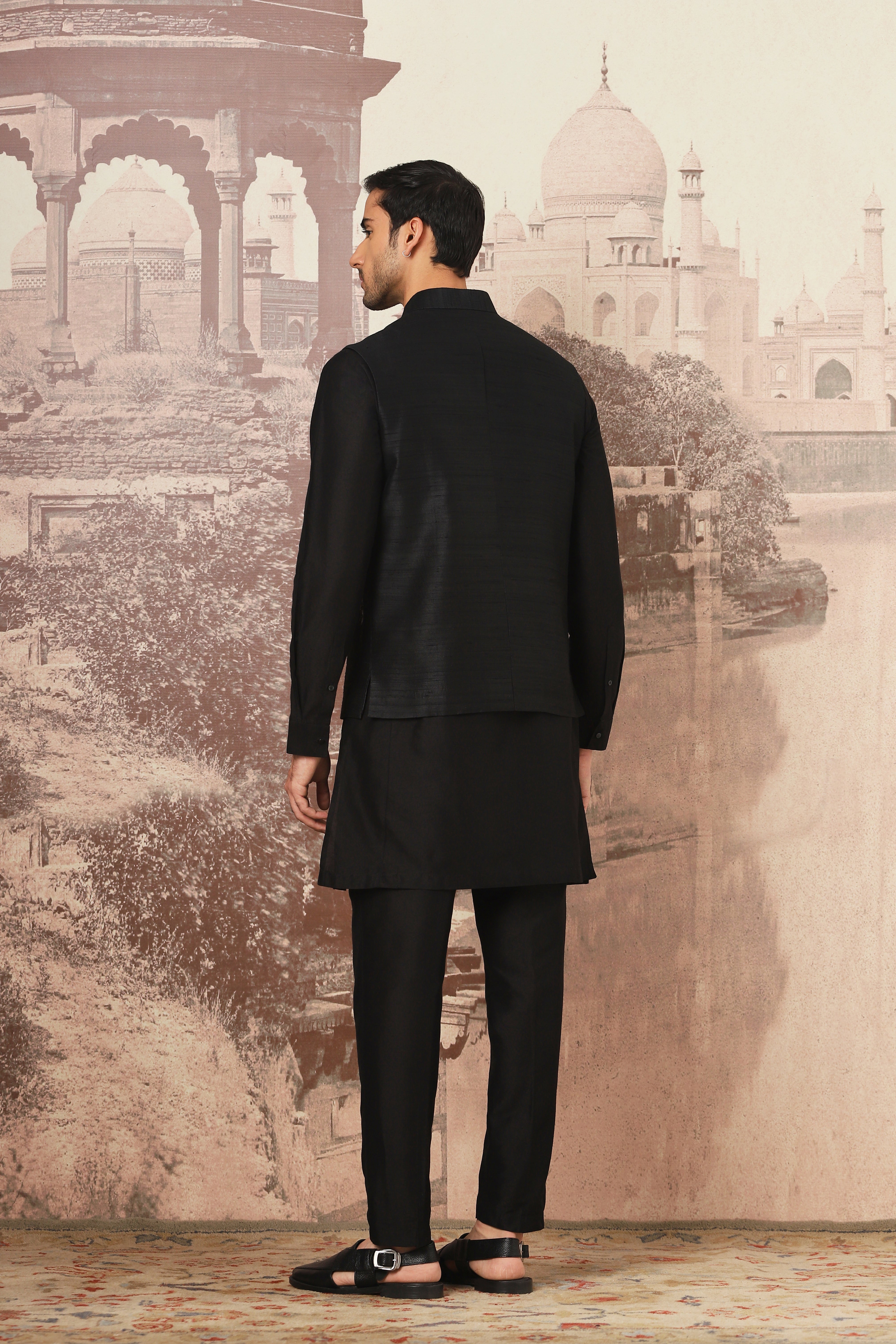 Black Aura Embroidered Raw Silk Kurta Bundi Set
