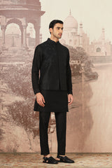 Black Aura Embroidered Raw Silk Kurta Bundi Set