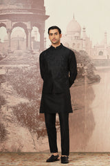 Black Aura Embroidered Raw Silk Kurta Bundi Set