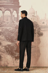 The Midnight Black Asymmetrical Hand Embroidered Bandhgala Set .