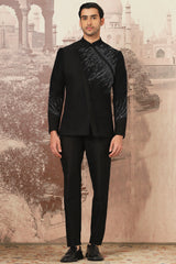 The Midnight Black Asymmetrical Hand Embroidered Bandhgala Set .