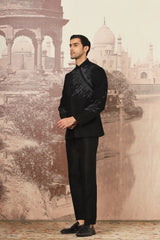 The Midnight Black Asymmetrical Hand Embroidered Bandhgala Set .