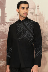 The Midnight Black Asymmetrical Hand Embroidered Bandhgala Set .