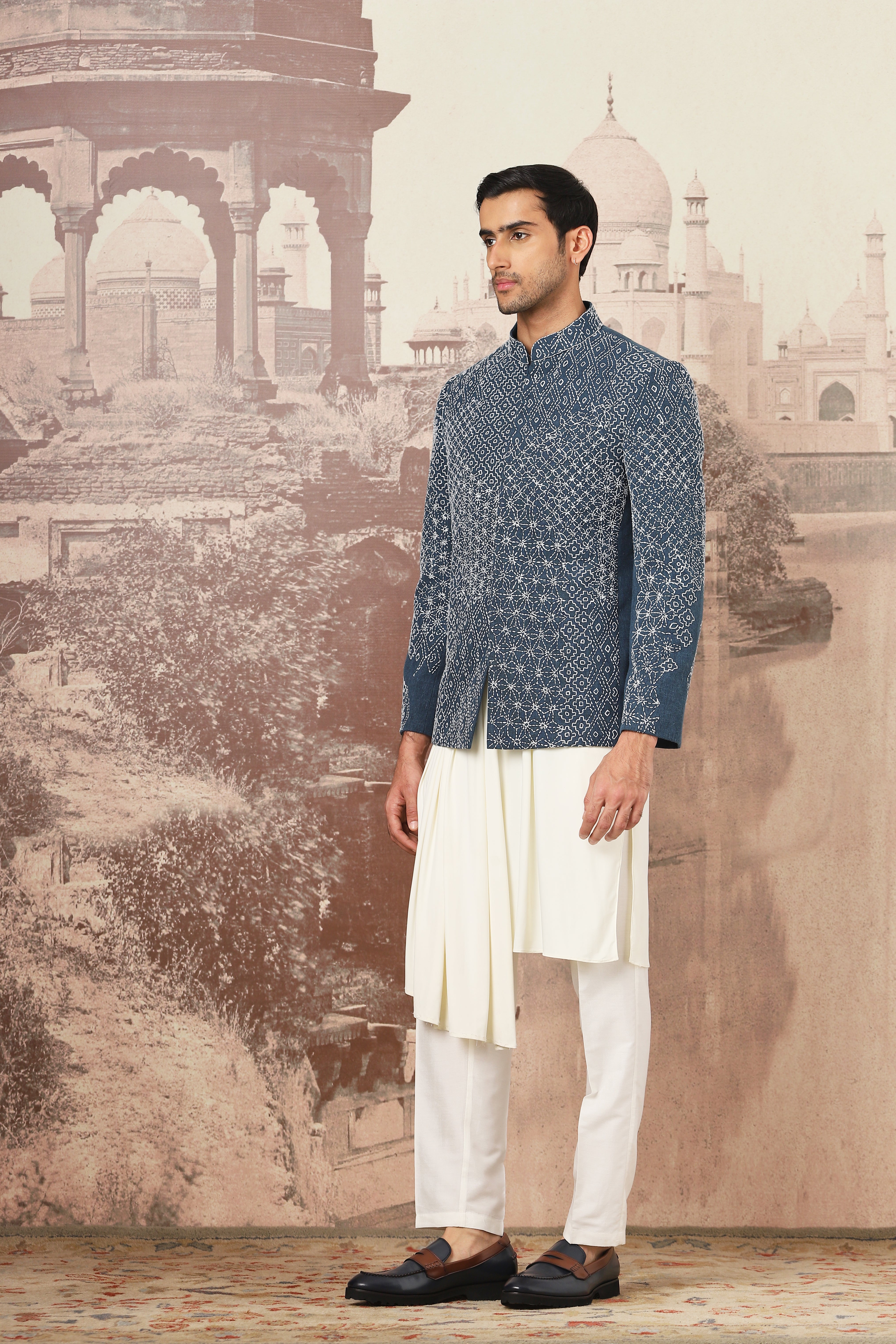 Indigo Kantha Embroidered Bandhgala Set