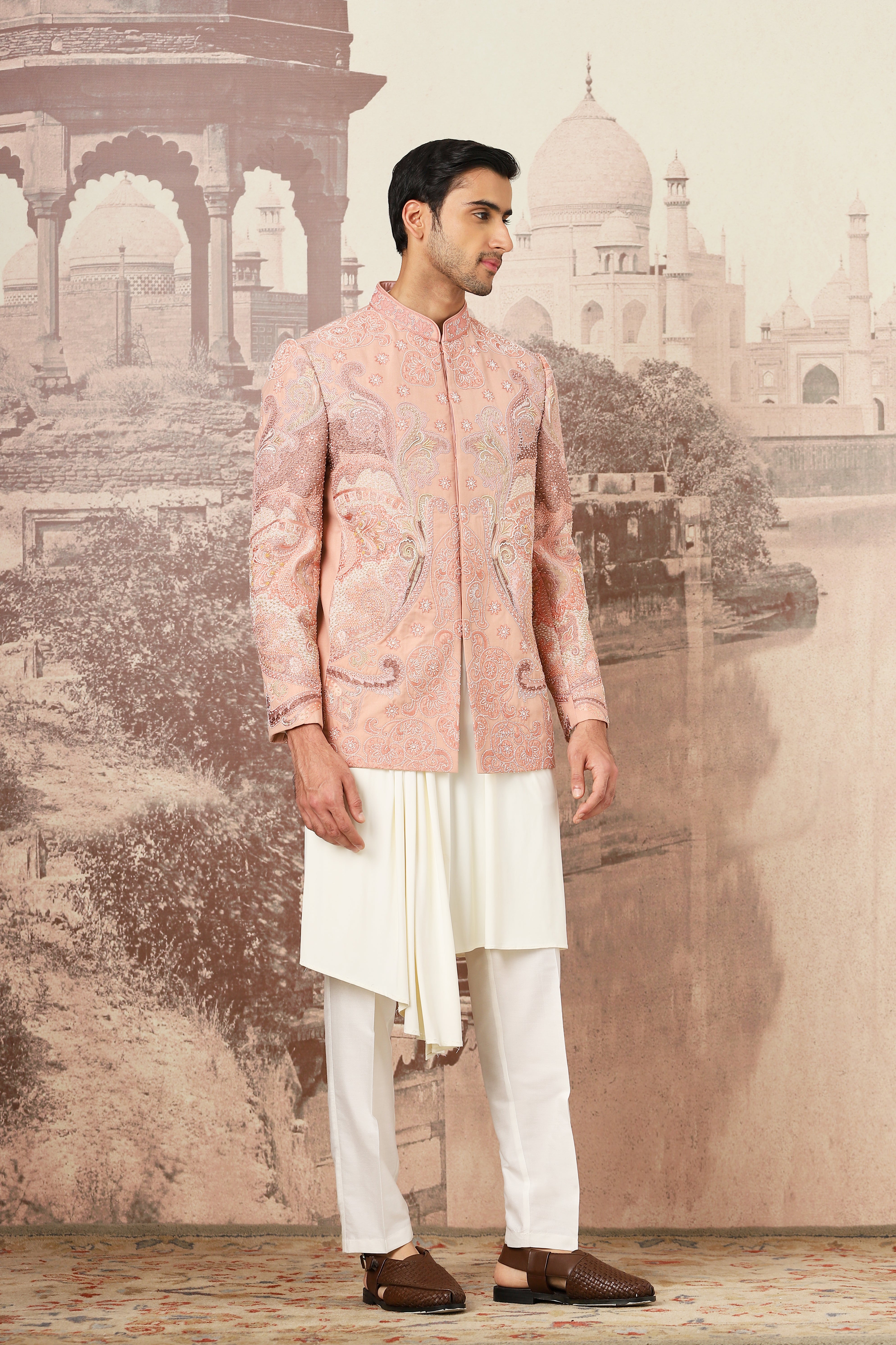 Peach Desert Linen Embroidered Bandhgala Set