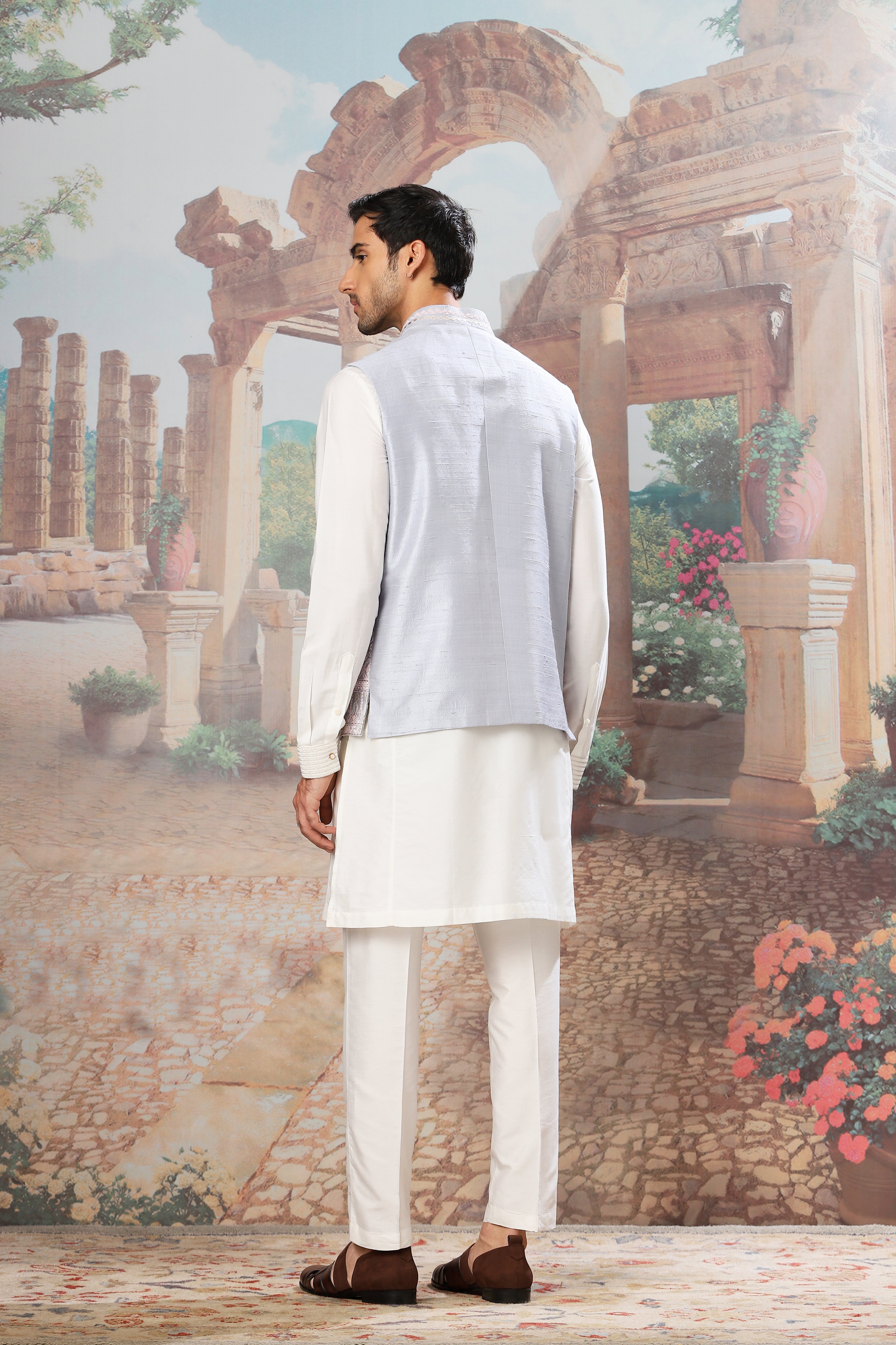 Slate Sky Dori Embroidered Kurta Bundi Set