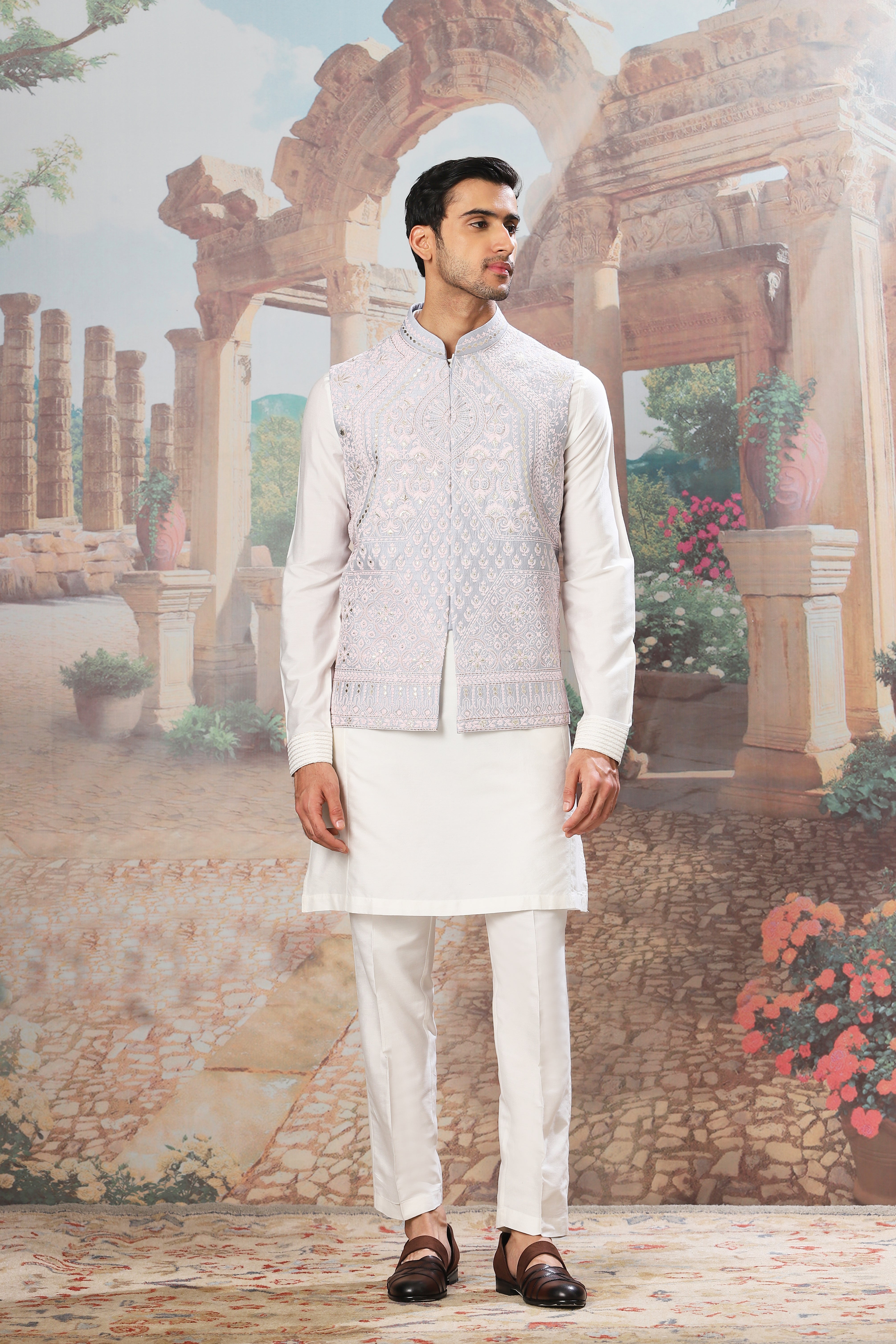 Slate Sky Dori Embroidered Kurta Bundi Set