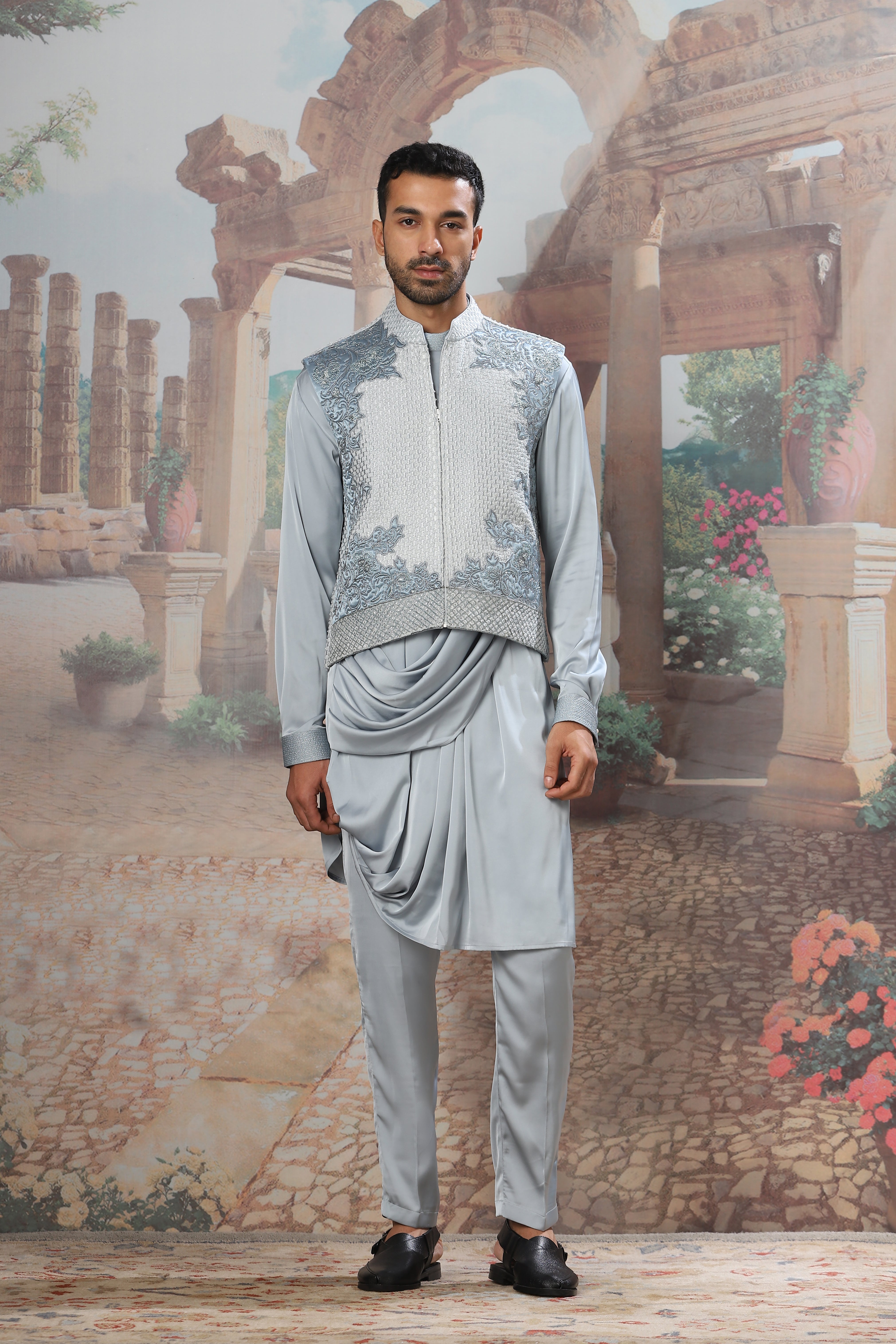 Sapphire Wave Velvet Embroidered Kurta Bundi Set
