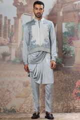 Sapphire Wave Velvet Embroidered Kurta Bundi Set