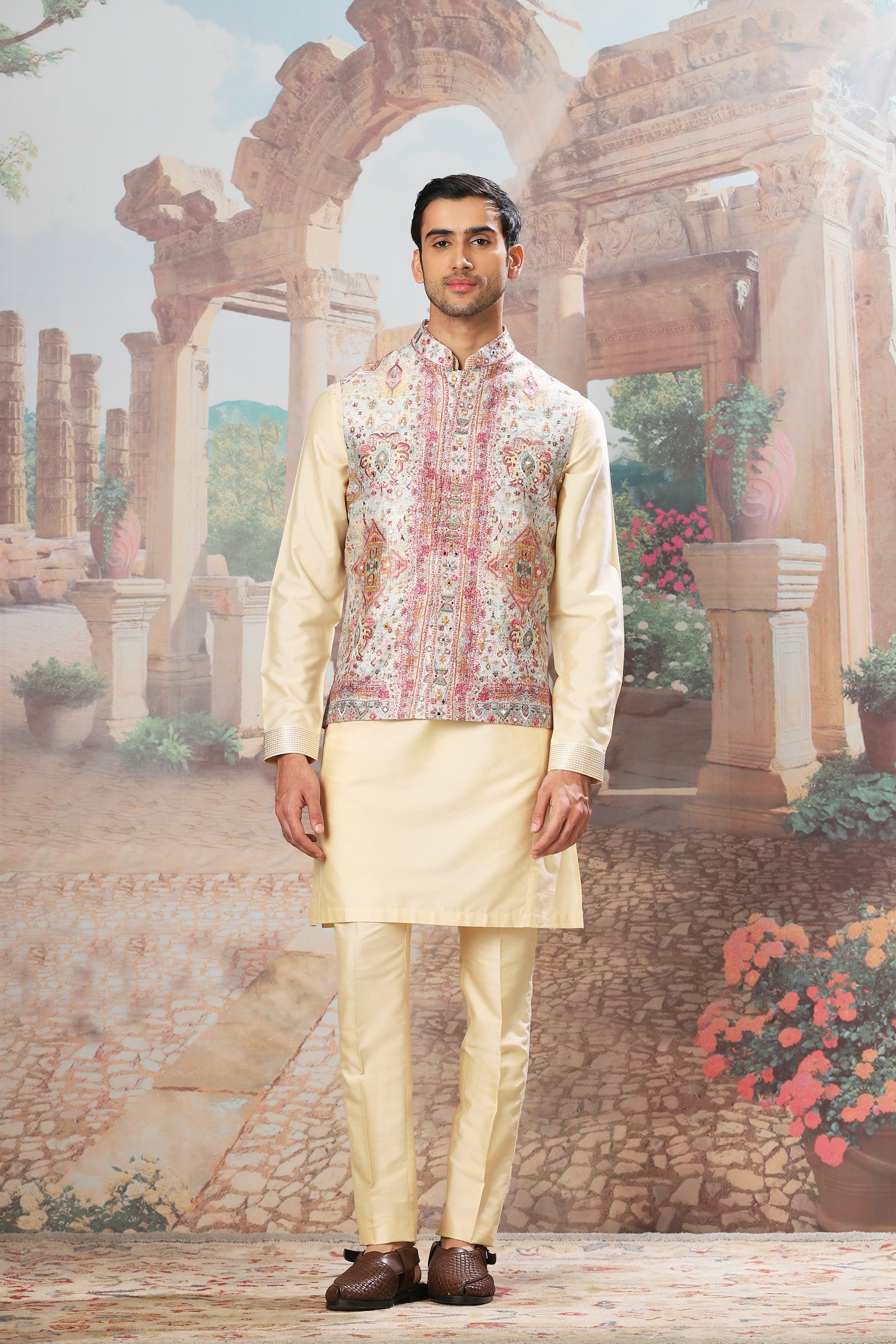 Golden Minaret Mirror Embroidered Kurta Bundi Set