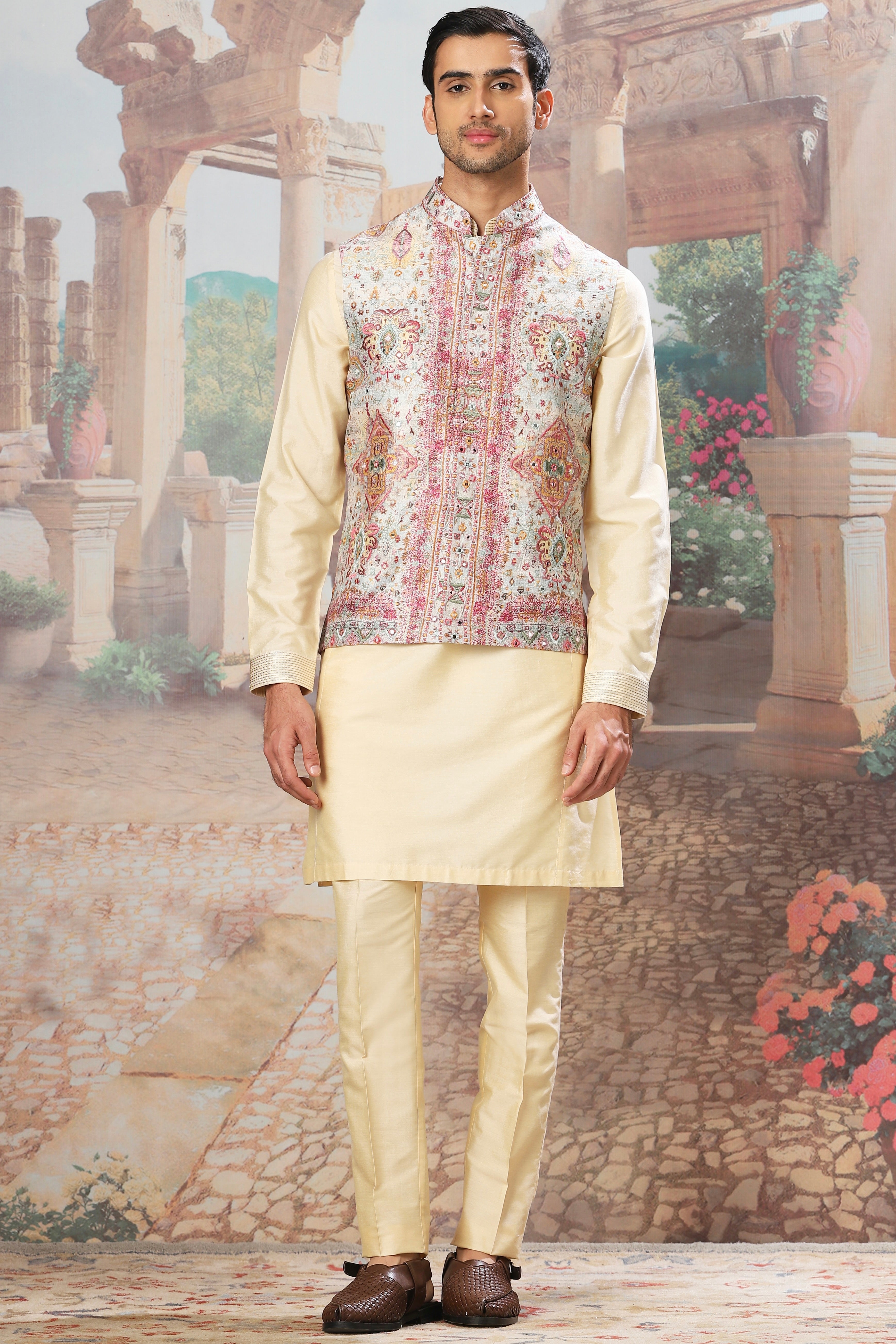 Mughal Minaret Digital Print Mirror Embroidered Kurta Bundi Set