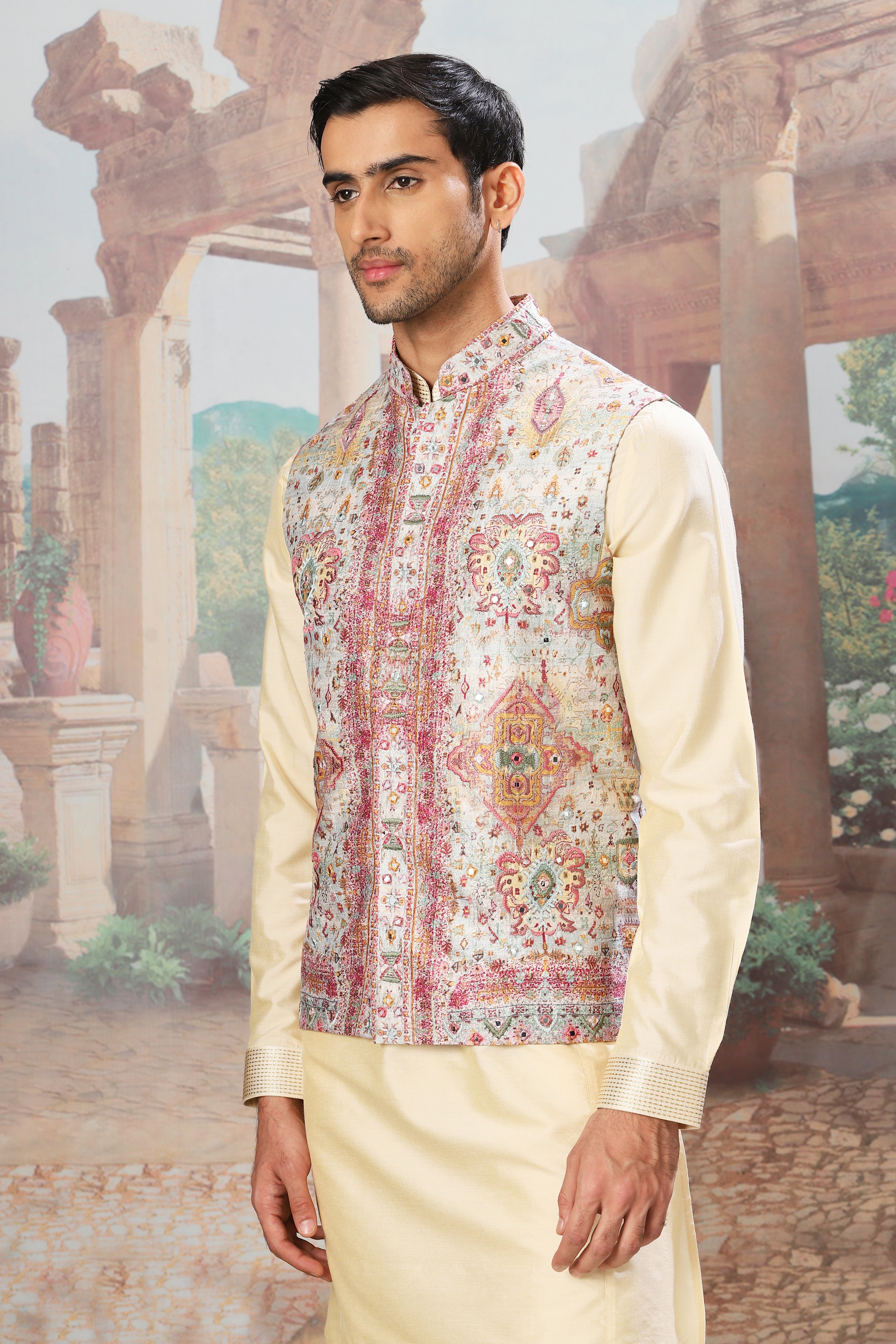 Golden Minaret Mirror Embroidered Kurta Bundi Set