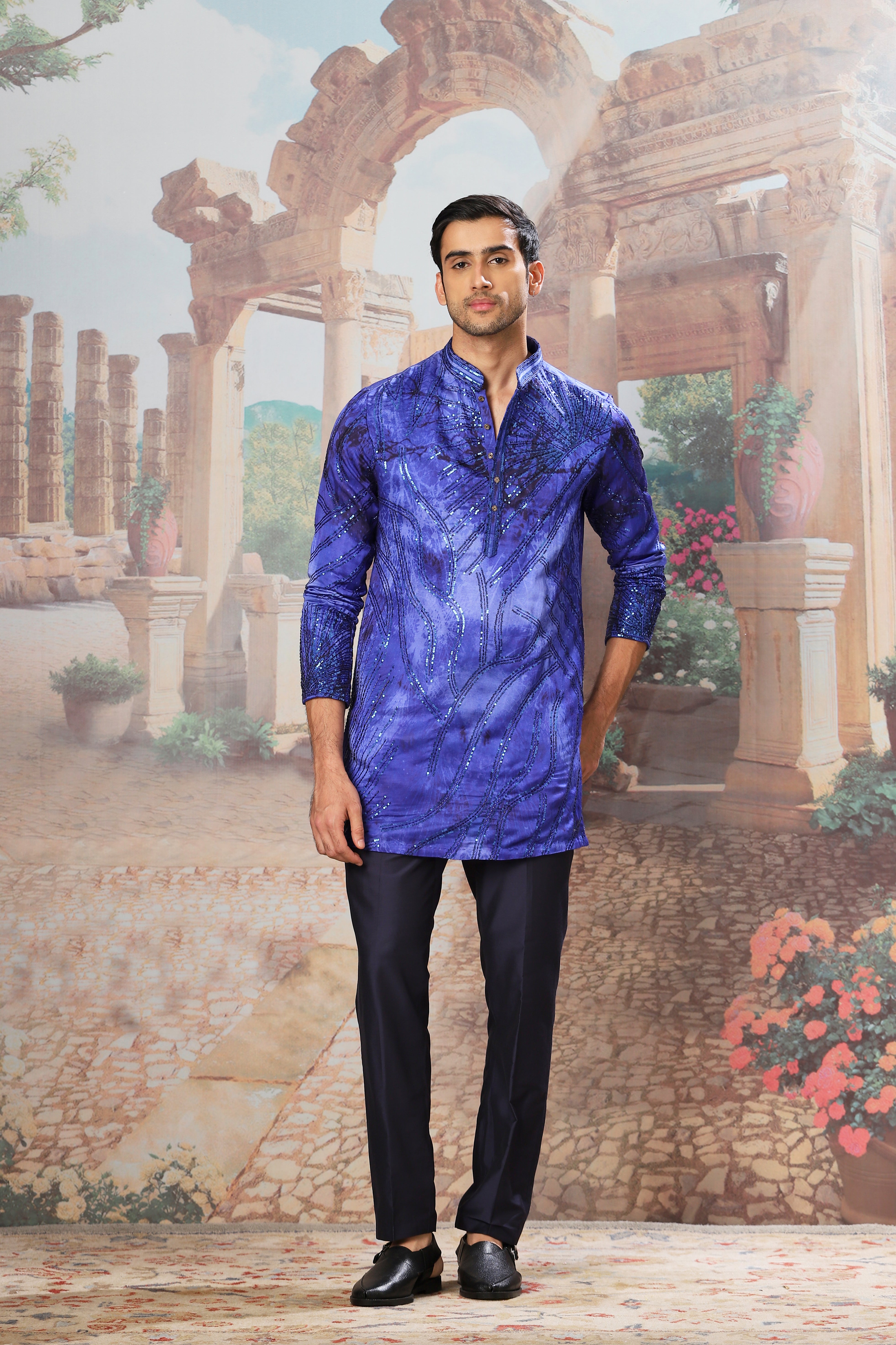 The Indigo Gleam Sequin Embroidered Print Kurta Set