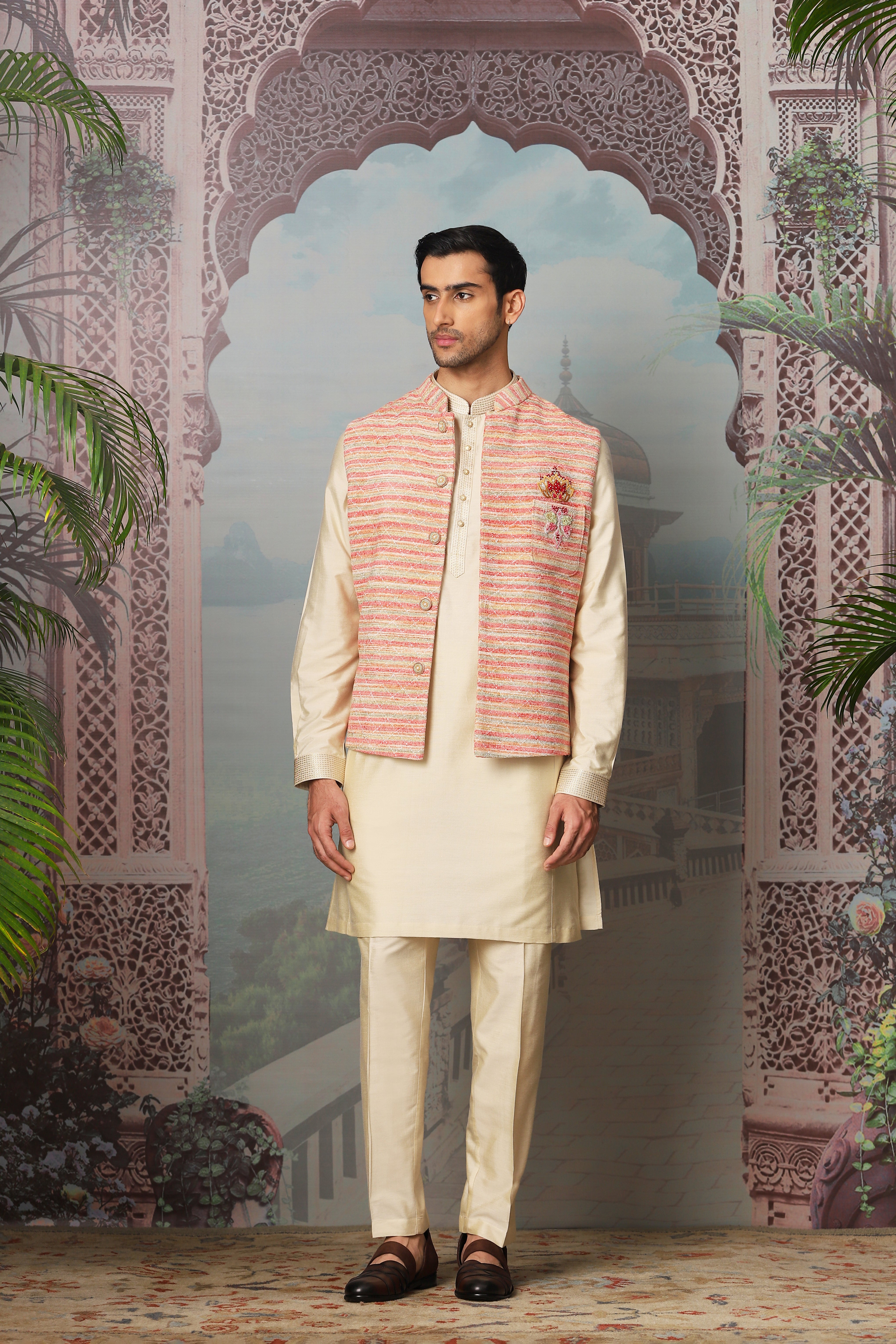Gul Kantha Linen Embroidered Kurta Bundi Set