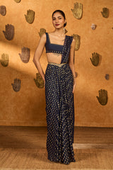 NAVY BLUE SNOW LIGHT STITCHED SAREE
