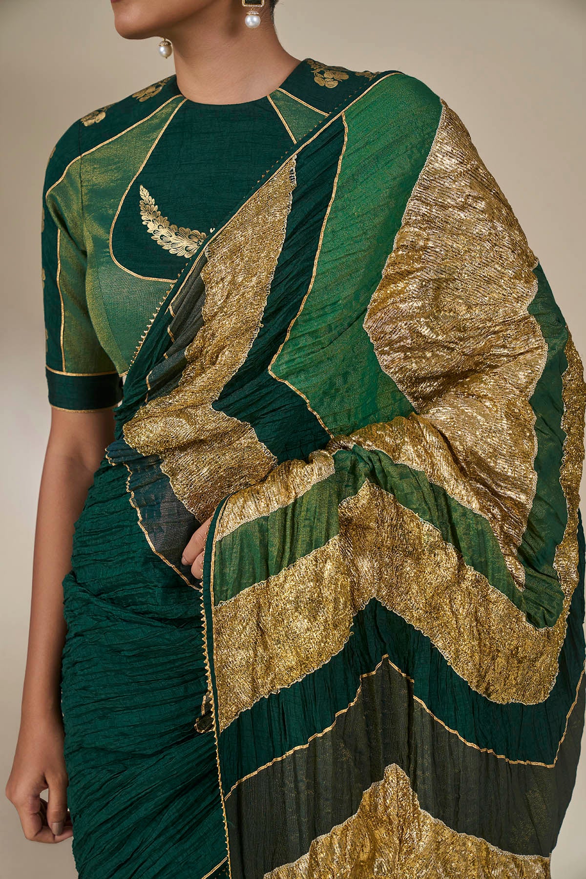 Bottle Green Celestial Moonfall Crush Saree