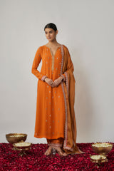Saffron orange mirror, sequin and thread embroidered georgette suit set