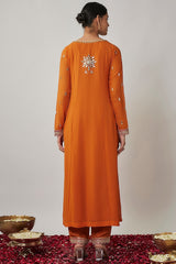 Saffron orange mirror, sequin and thread embroidered georgette suit set