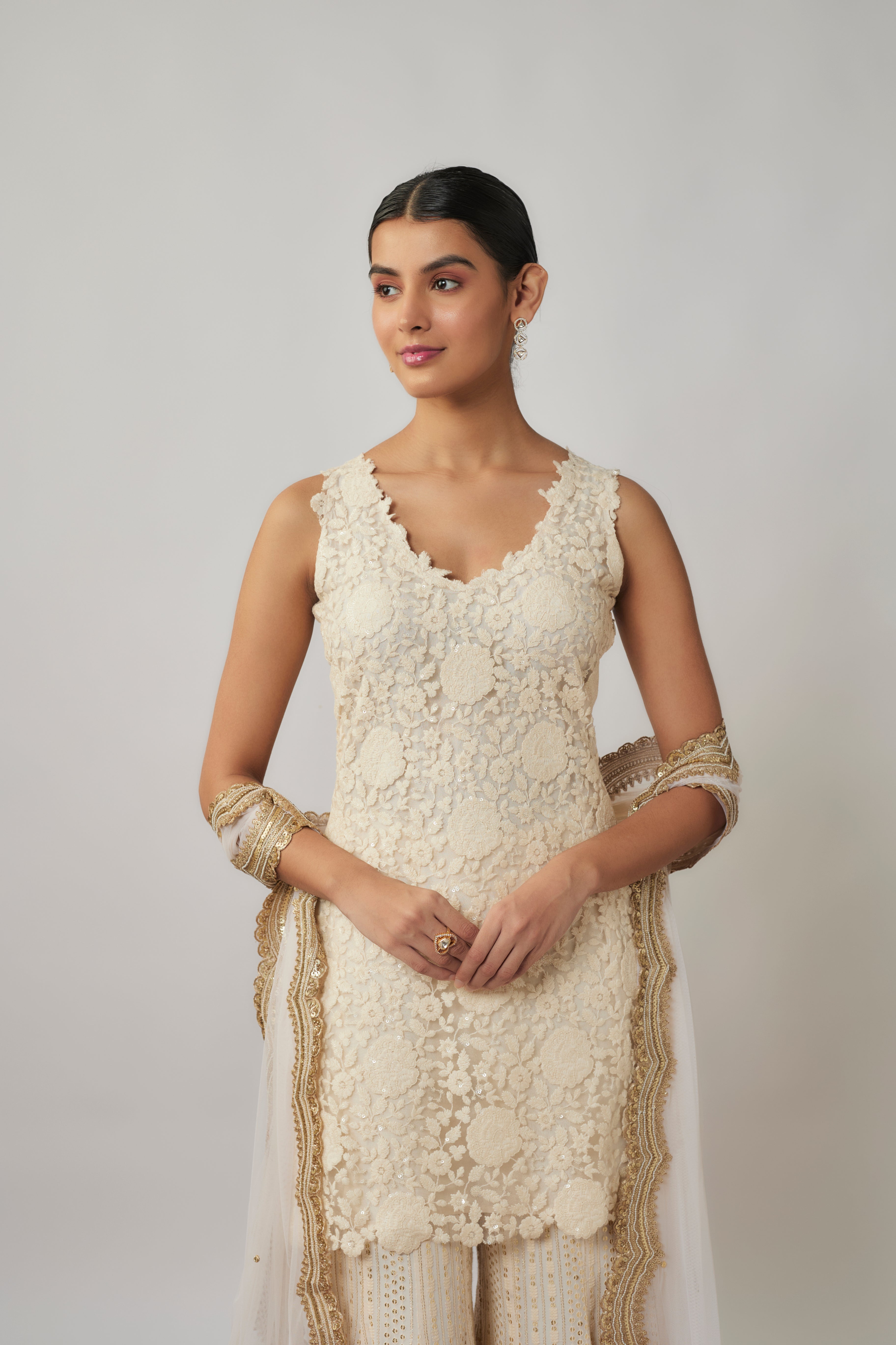 Ivory sequin and thread georgette kurta sharara set