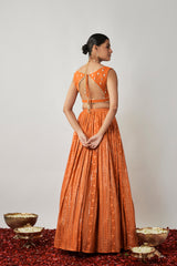 Saffron orange sequin and thread embroidered georgette lehenga set