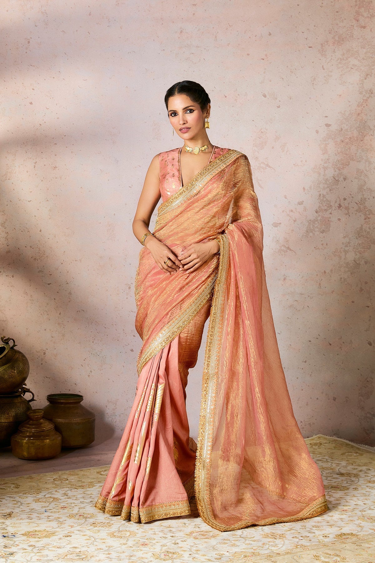 Peach Palm Blooms Tissue Saree