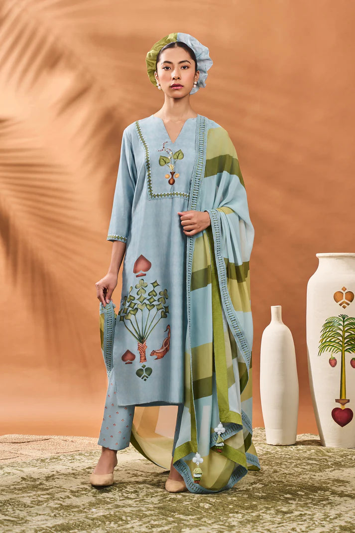 Powder Blue Spades Blossom Kurta Set