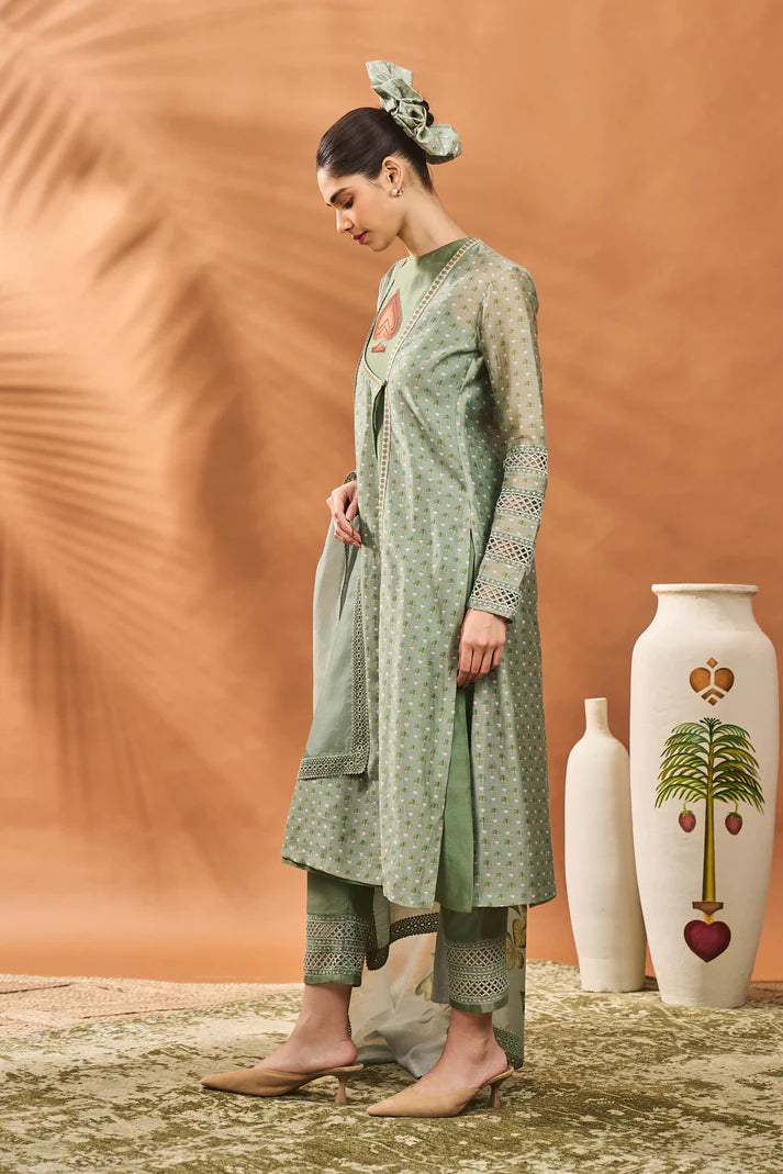 SAGE GREEN TREE OF HEARTS ANGRAKHA KURTA SET