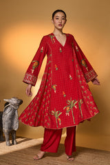 Red Tropical Anarkali Set