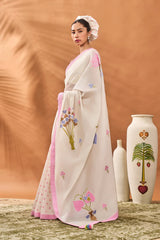 IVORY FLORAL FRAME SAREE