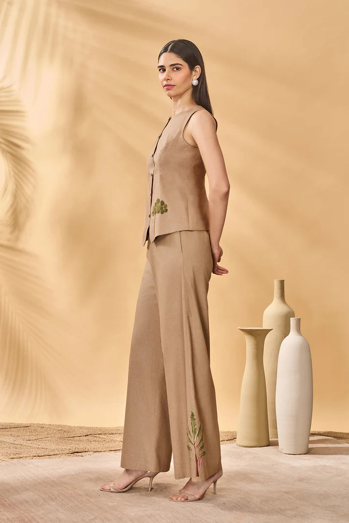 Beige Trellis Palm Waistcoat Set