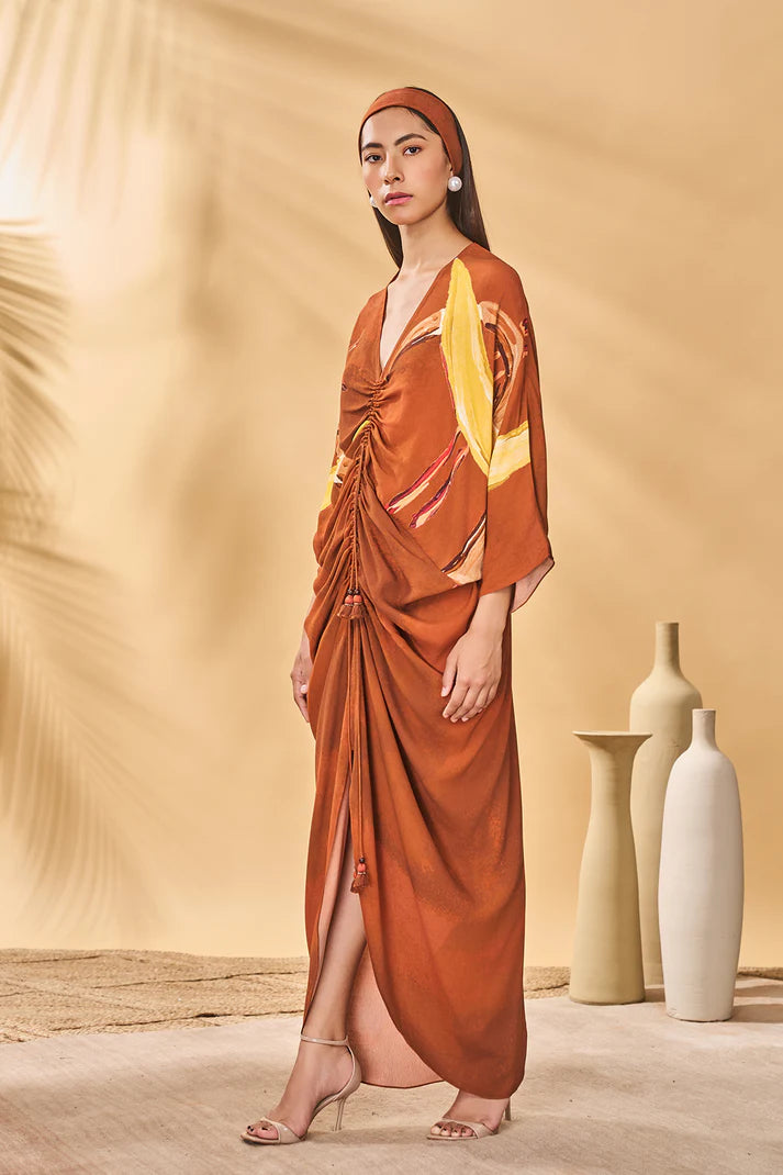 Brown Feathered Cinched Kaftan