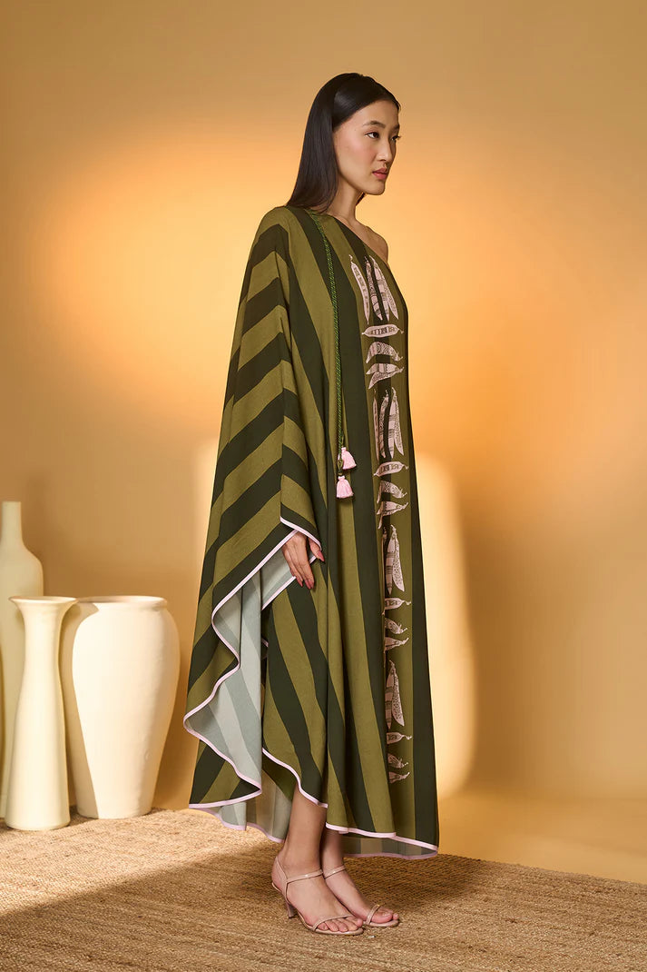 Green Totem Pod One Shoulder Kaftan